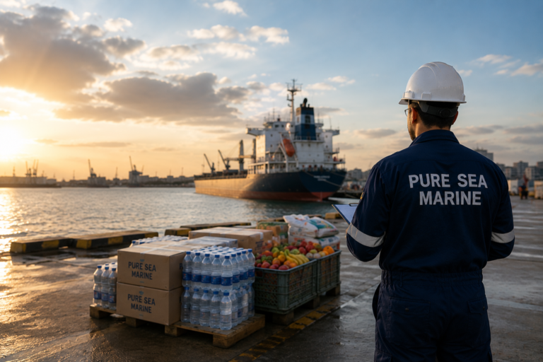 Pure Sea Marine representative supervising vessel supplies at sunset