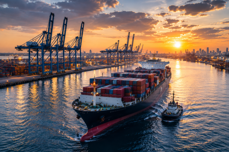 Cargo vessel and cranes at an Egyptian port at sunset